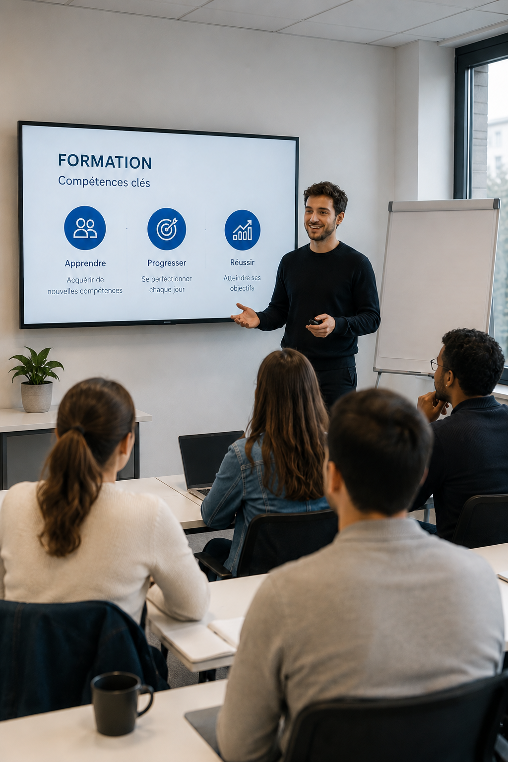 Formateur animant une session de formation en salle devant des participants